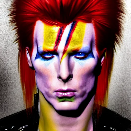 Prompt: film still photo portrait mugshot of ziggy stardust as a jojo bizarre adventure character, realistic, hyperrealistic, 8 k resolution, hd quality, very detailed, highly detailed, intricate details, real life, real world, trending on artstation, digital art, really realistic, very realistic, headshot, head in frame, photograph, portrait, mugshot