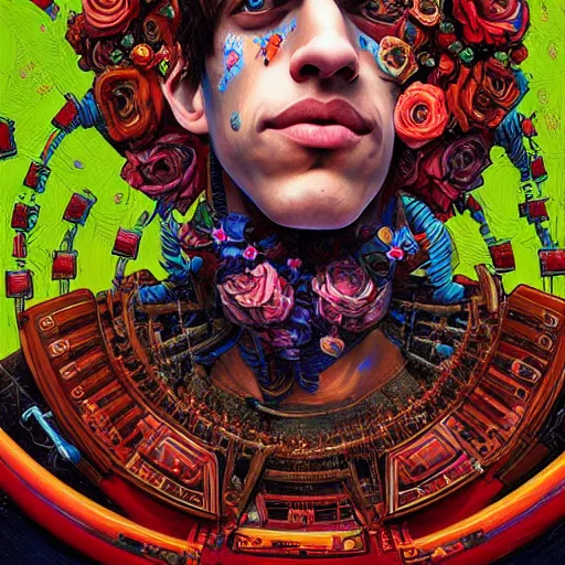 Prompt: portrait of pete davidson, hyper detailed masterpiece, neon floral pattern, jean giraud, digital art painting, darkwave goth aesthetic, psychedelic, artgerm, donato giancola and tom bagshaw