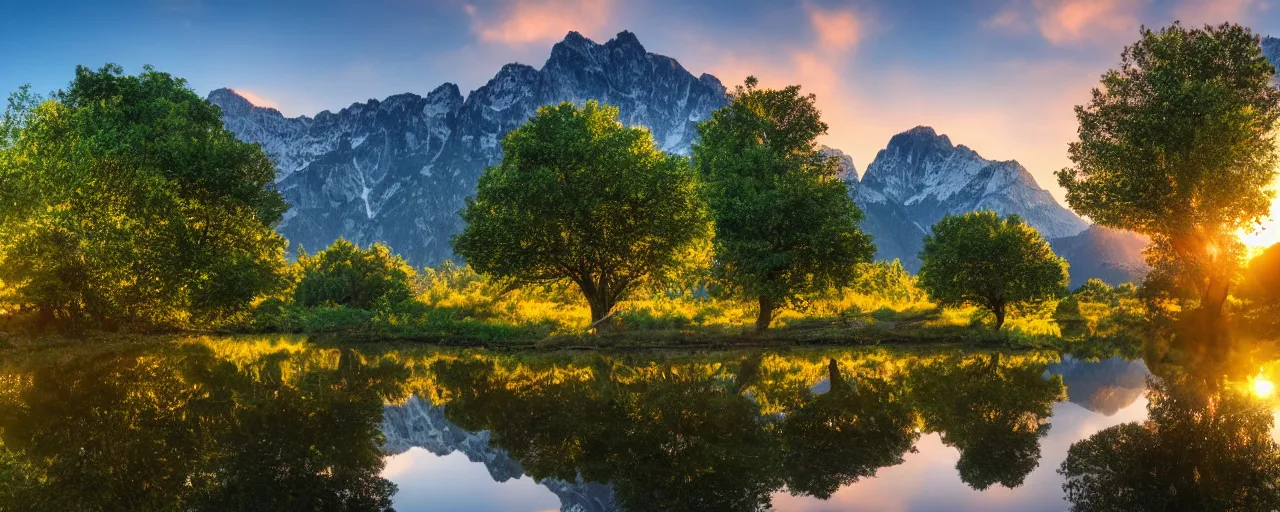Prompt: big realistic tree near to a river on sunset with reflection on the leaves and mountains in the background, landscape, extremely high fidelity, 8 k, super resolution