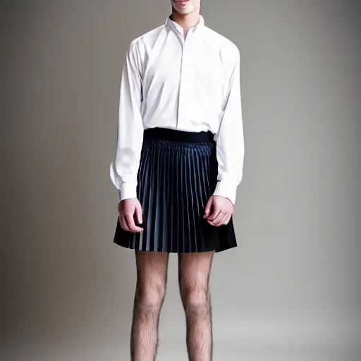 Prompt: A young pretty male model showcasing a very cute pleated miniskirt and blouse. Studio lighting