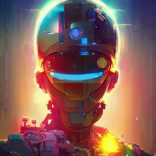 Image similar to colorful illustration of a robot trying to repair the universe, intricate complexity, by greg rutkowski, artgerm, ross tran, conrad roset, takato yomamoto, ilya kuvshinov. 4 k, beautiful, cinematic dramatic atmosphere