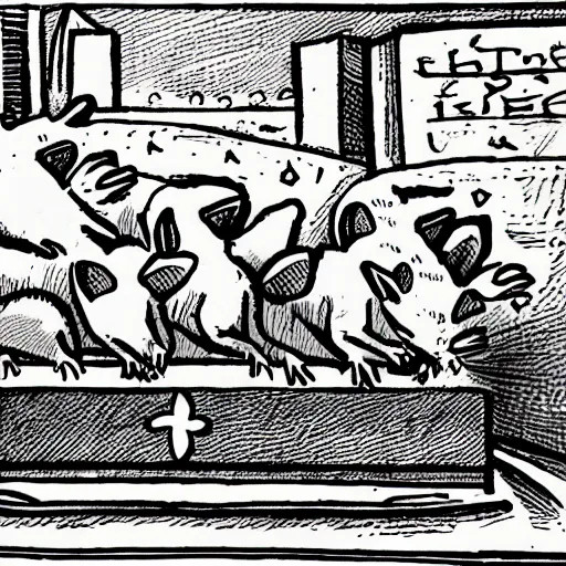 Prompt: cute cartoony illustration of a group of rats in a rat funeral, rats carrying a funeral casket, white background