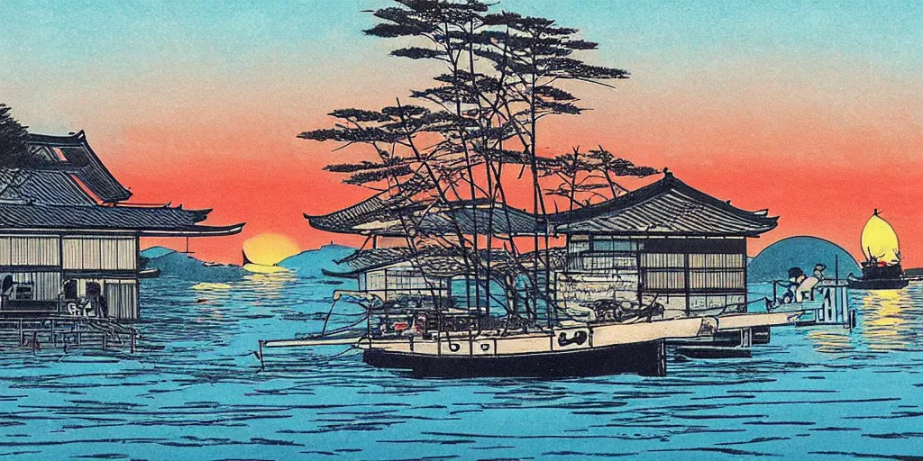 Prompt: 🍁 🌅 ⛵ 🍂. shin - hanga.