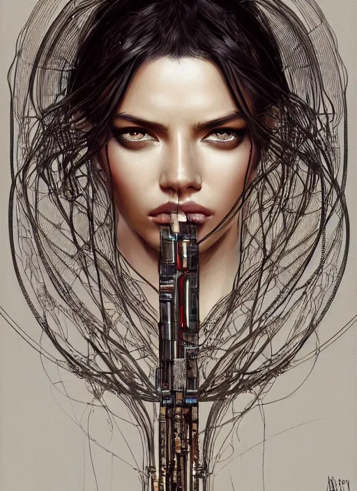 Prompt: symmetry!! adriana lima, machine parts embedded into face, tubes and cables, intricate, elegant, highly detailed, digital painting, artstation, concept art, smooth, clockwork, sharp focus, illustration, art by artgerm and greg rutkowski and alphonse mucha, 8 k