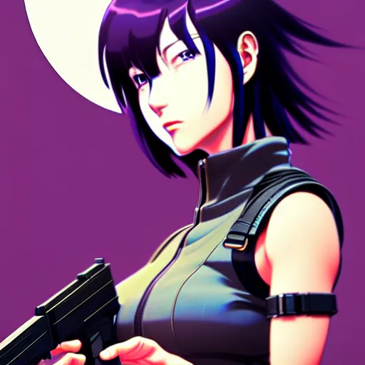 Image similar to motoko kusanagi with a gun in her hand, a character portrait by ilya kuvshinov, rossdraws, artgerm, sola digital arts, anti aliasing, trending on pixiv, sots art, official art, pixiv, anime raytracing