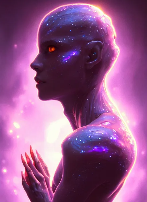 Prompt: a humanoid phantom adventurer made of liquefied stardust, dnd fantasy character, full body portrait, glowing neon skin, magical aura, ultra realistic, intricate, elegant, highly detailed, digital painting, artstation, smooth, sharp, focus, illustration, art by artgerm and greg rutkowski and alphonse mucha