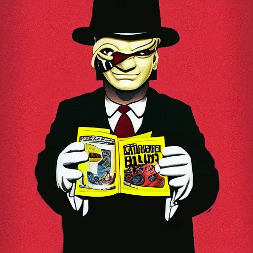 Image similar to hamburglar robbing a bank, pulp fiction cover, detailed