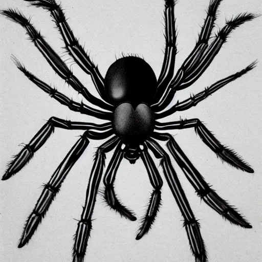 Image similar to spider, black and white, botanical illustration, naturalistic, book illustration, black ink on white paper, bold lines