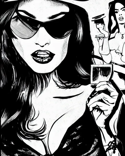 Prompt: dream of a film still from sin city, closeup portrait of film noir angry megan fox in a bikini wearing a hat and sunglasses, china town, glamour pose, detailed illustration, digital art, trending on artstation, frank miller, arney freytag, dan mumford, patrick nagel, graffiti, gta v,