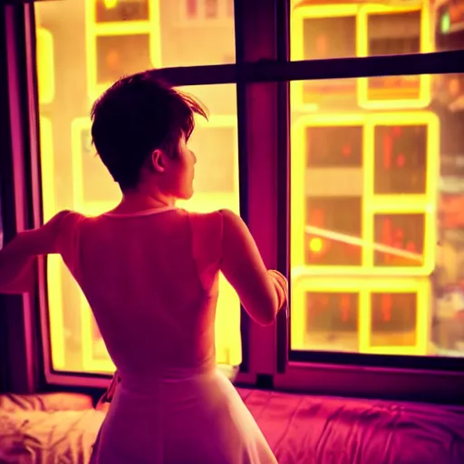 Prompt: dancing girl wearing a gown, short hair, bed room, cyberpunk city view out of the window, no lights in bedroom, bright neon lights from the city