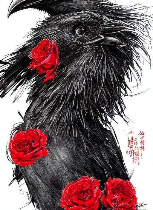 Image similar to portrait, A crow with red eyes in front of the full big moon, book cover, red roses, red white black colors, establishing shot, extremly high detail, foto realistic, cinematic lighting, pen and ink, intricate line drawings, by Yoshitaka Amano, Ruan Jia, Kentaro Miura, Artgerm, post processed, concept art, artstation, matte painting, style by eddie mendoza, raphael lacoste, alex ross