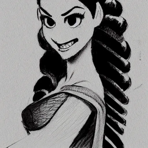 Image similar to milt kahl sketch of victoria justice with done up hair, tendrils and ponytail as princess padme from star wars episode 3