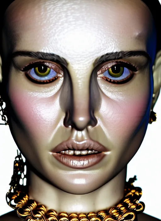 Image similar to a distorted and warped wax model of an absurdly beautiful woman, natalie portman, in the style of irakli nadar and alexandre ferra, white porcelain skin, faberge, intricate chrome chains, light atmosphere, unreal engine 5 highly rendered, global illumination, radiant light, detailed and intricate environment