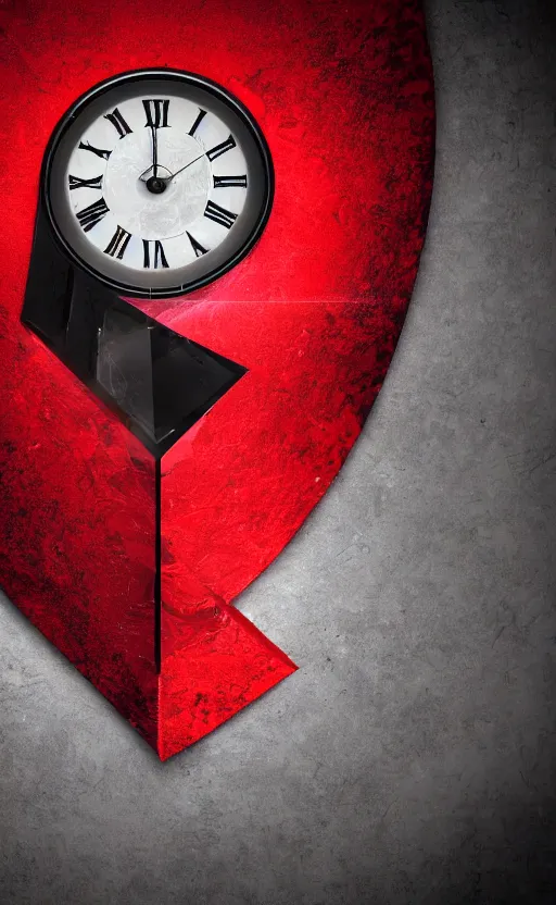 Image similar to a melting Roman numeral clock, behind a red and black gradient background, awith a black heart shaped on the top left corner and a black diamond card shape in the bottom right corner, dynamic lighting, photorealistic fantasy concept art, trending on art station, stunning visuals, cinematic, creative, ultra detailed