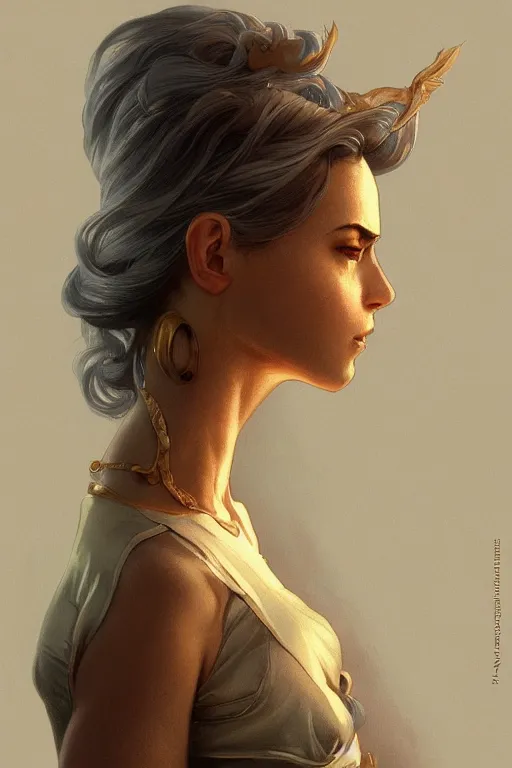 Image similar to a girl wearing a golden dress, grey hair, red necktie, cinematic, stunning, highly detailed, digital painting, artstation, smooth, hard focus, full body shot, illustration, art by artgerm and greg rutkowski and alphonse mucha