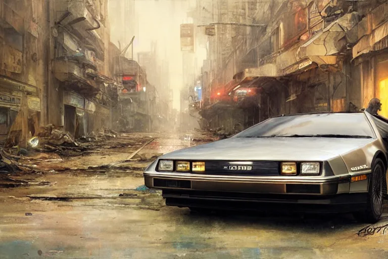 Image similar to photograph of the delorean driving down the streets of a cyberpunk abandoned city, by greg rutkowski, by stanley artgerm, by alphonse mucha