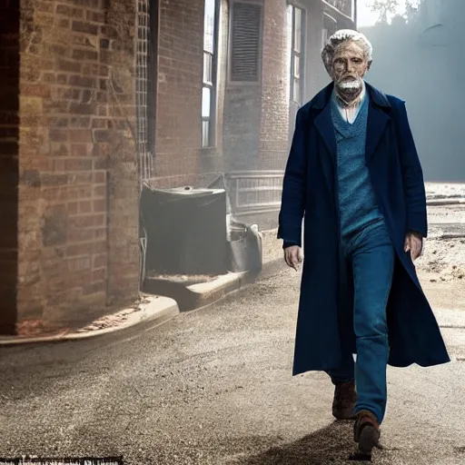 Image similar to tom holland as a rough dirty old man with a scruffy beard in a dark blue trenchcoat as the new doctor who, cinematic, volumetric lighting, f 8 aperture, cinematic eastman 5 3 8 4 film, photorealistic