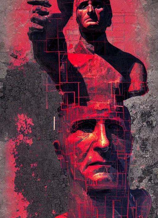 Image similar to design poster showing a statue of julius caesar, black background with very subtle red and purple design elements, powerful, nekro, guido crepax, graphic design, collage art, thin lines, dark, glitch art, neo vaporwave, gritty, layout frame, square, trending on artstation