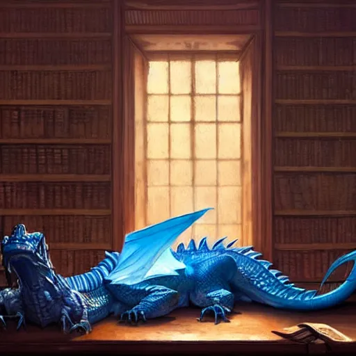 Prompt: blue dragon sleeping in a library, fantasy, dnd, art by greg rutkowski