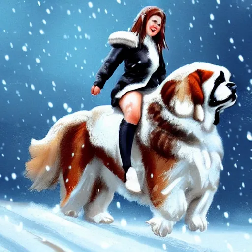 Image similar to girl riding giant saint bernard in the snow, trending on artstation