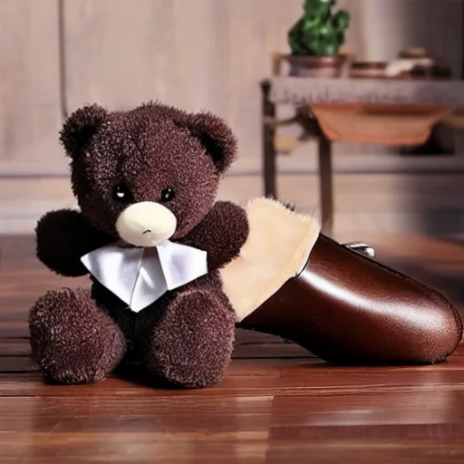 Prompt: Teddybear shoeshine polishing shoes