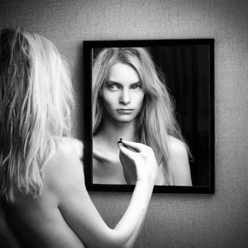 Prompt: beautiful supermodel looking into a mirror and seeing a monster