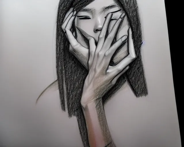 Image similar to draft drawing of a woman covering her face with her hands, a sketch by choro choi, thin stroke, trending on artstation, context art, pencil sketch, high detail