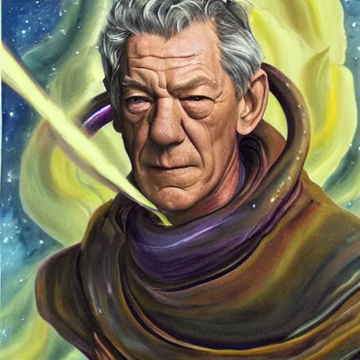 Image similar to painting of ian mckellen as terrorist from jupiter fighting an alien invasion in deep space, the aliens have long thick slimey amorphous tentacles, highly detailed, award painting, 8 k, alien landscape