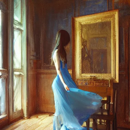 Prompt: blue tones, woman in dress, wooden floor, by alexander fedosav, elegant, detailed, digital artwork, paint, gothic mansion room, by jeremy mann