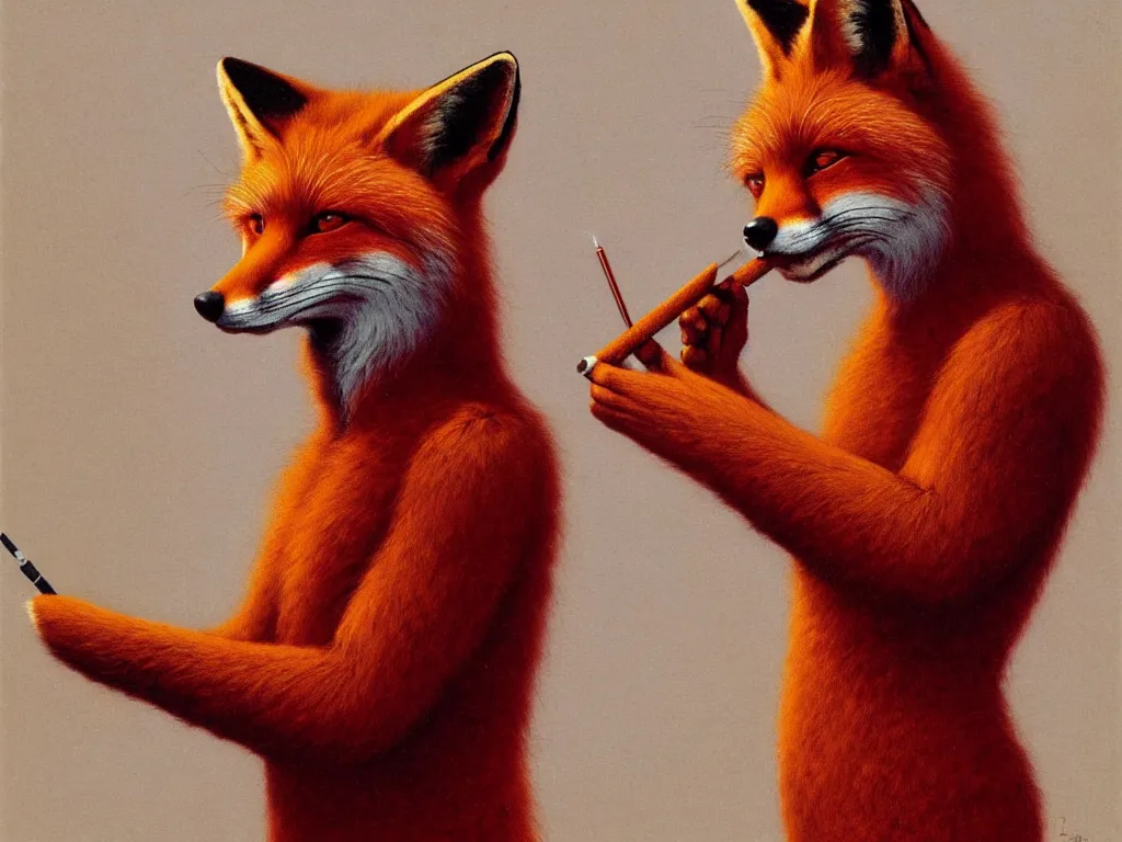 Image similar to an anthropomorphic male red fox fursona smoking a joint, by zdzisław beksinski and greg rutkowski, psychedelic, psychological, surreal, horror, weird, 8 k