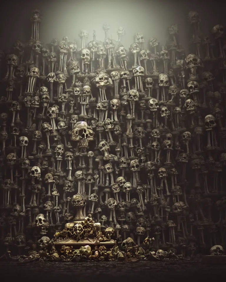 Image similar to full color, low wide shot of sedlec ossuary, bones, anime style mixed with fujifilm, dark, foggy, atmospheric, artstation, cgsociety, octane render, cgi, unreal engine 5, denoise, detailed, cinematic masterpiece