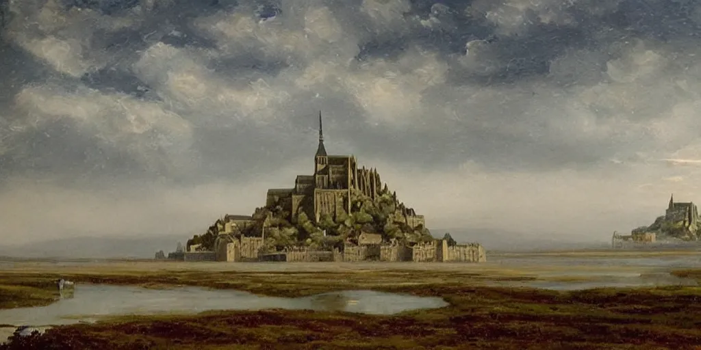 Prompt: masterpiece oil painting portraying mont saint michel but it's in the mountains in the style of romanticism landscape painters with a building on the foreground,beautiful!!!!!!!,misty!!!!!!!!!,detailed!!!!!!!,night sky,evocative,reflection in the water,photorealistic,chiaroscuro,soft lighting