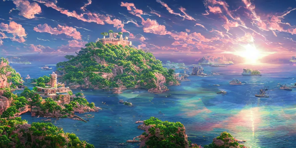 Prompt: the aesthetic view of the beautiful, grand, wistful, dreamy lonely island at dusk, hyperrealistic anime illustration by iralki nadar, rainbow colorful, extremely clean lines, extremely detailed and intricate linework, super sharp focus, bright colors, octopath traveler, studio ghibli, unreal engine 5 highly rendered, global illumination, radiant light, detailed and intricate environment