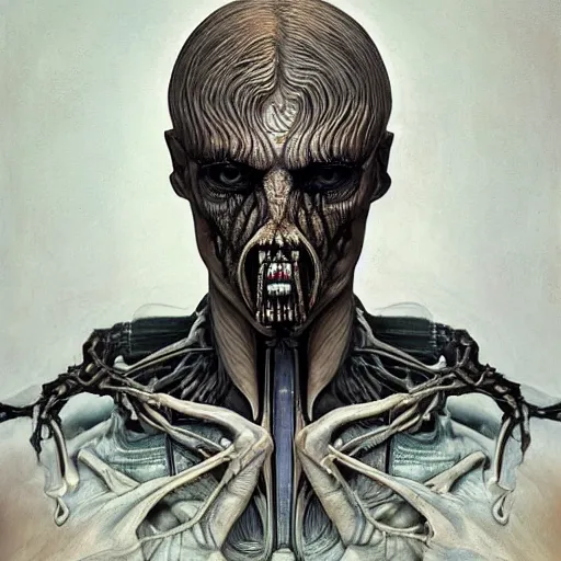Prompt: surreal portrait of a man by Greg Rutkowski and H.R Giger, symmetrical face, he is about 30 years old, west slav features, short blonde hair with bangs, attractive, smart looking, slim, somewhat androgenic, transformed into a kind of biomechanical transhuman god, disturbing, terrifying but fascinating, with a determined and sinister expression on his face, cosmic void background, frightening, fascinating, highly detailed portrait, digital painting, book cover, artstation, concept art, smooth, sharp foccus ilustration, Artstation HQ
