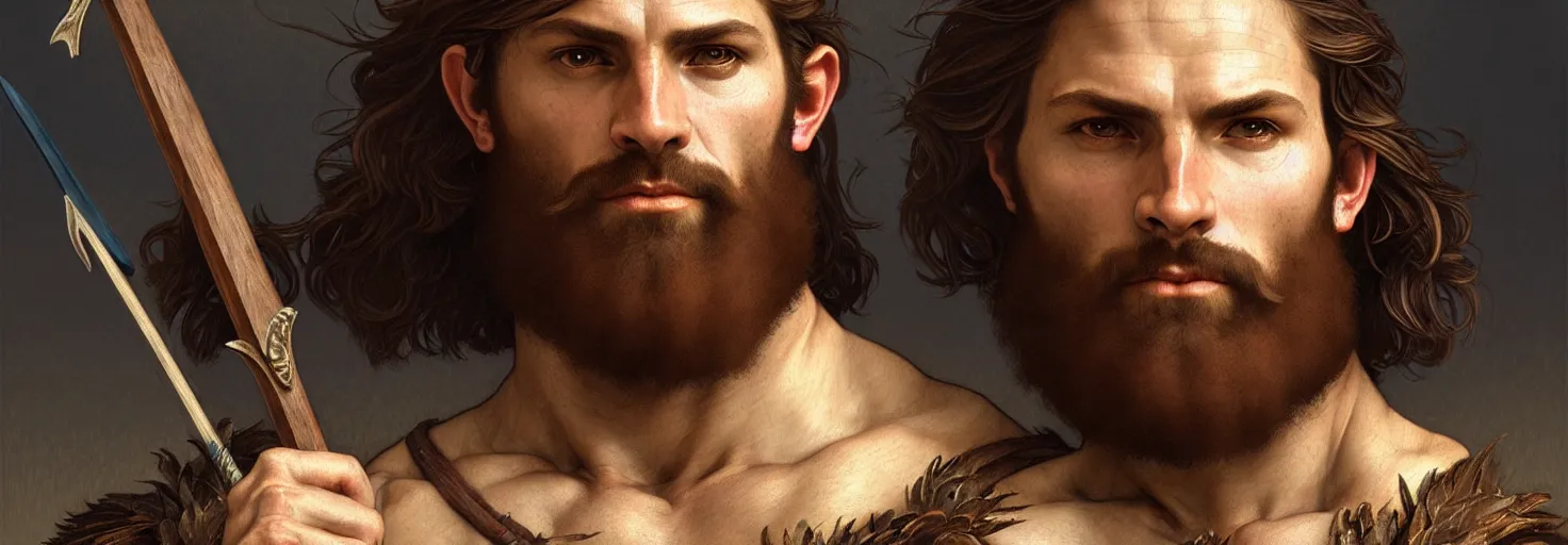 Prompt: renaissance upper body portrait of a gruff ranger with a spear, irish, lean and toned, handsome face, hairy chest, D&D, intricate, elegant, highly detailed, digital painting, artstation, concept art, matte, sharp focus, illustration, art by da Vinci, Artgerm and Greg Rutkowski and Alphonse Mucha