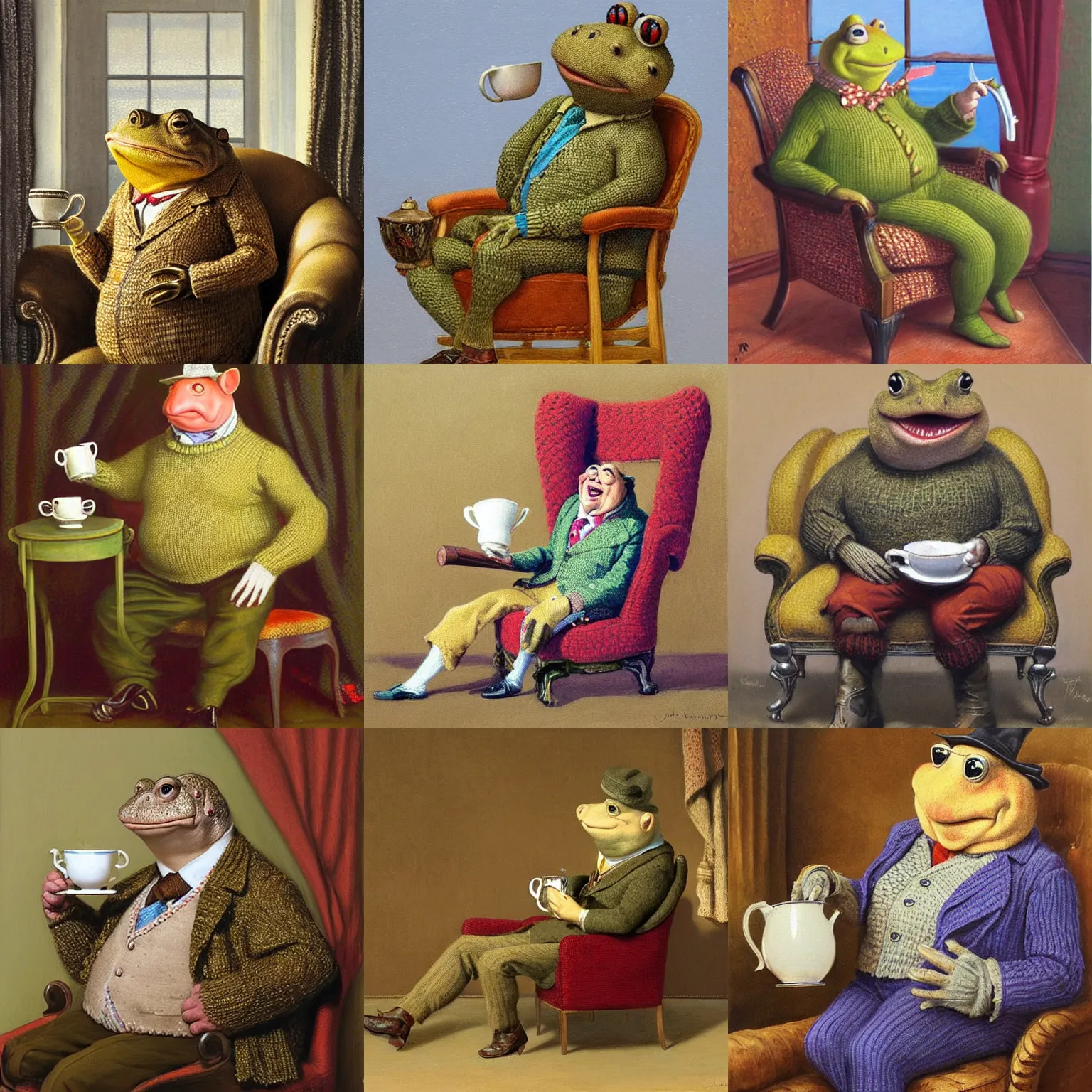 Prompt: Mr toad sipping a cup of tea while wearing a knit sweater and sitting in an armchair. A detailed painting by James Gurney