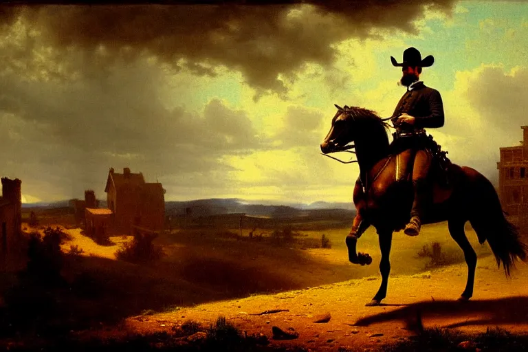 Image similar to an extremely detailed masterpiece photograph of a 1 8 9 0's gunslinger on his horse, gun drawn while overlooking an old town, in the style of albert bierstadt, epic scene, extremely moody lighting, cinematic, 8 k