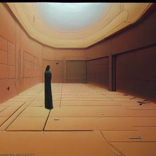 Prompt: painting of a syd mead scifi ancient civilzation empty room, beksinski