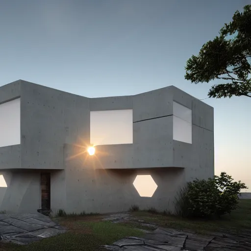 Prompt: detailed non-Euclidean stunning sophisticated beautiful house,hexagonal greebles, stunning volumetric light, sunset, concrete and translucent material, stunning skied, 8k