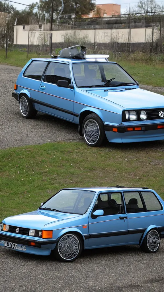 Image similar to 1 9 8 0 s vw golf, made out of reflective chrome