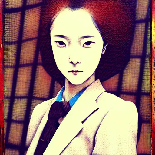 Image similar to yoshitaka amano blurred and dreamy realistic three quarter angle portrait of a young woman with short hair and black eyes wearing office suit with tie, junji ito abstract patterns in the background, satoshi kon anime, noisy film grain effect, highly detailed, renaissance oil painting, weird portrait angle, blurred lost edges