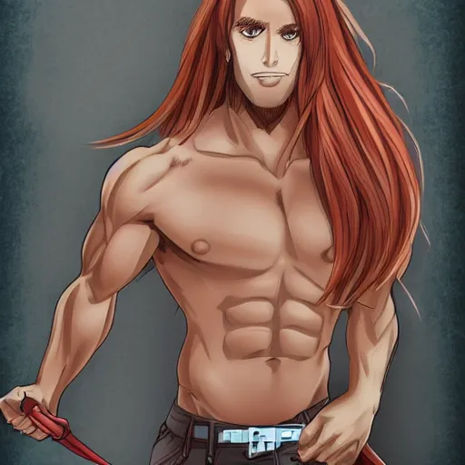 Image similar to well built man, rusty colored long hair, anime, high details,