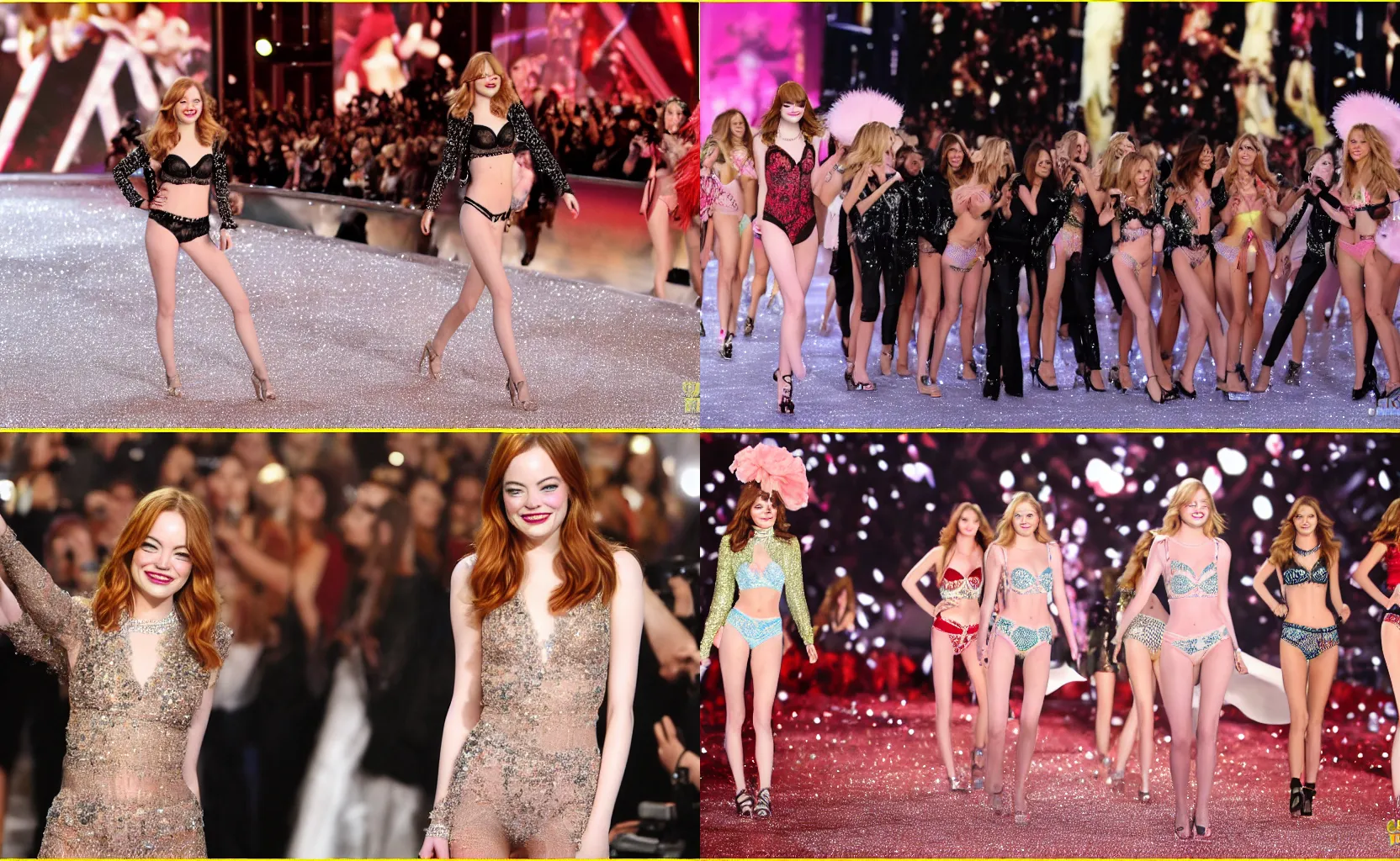 Prompt: Emma Stone on Victoria's Secret Fashion Show, 10mm camera,