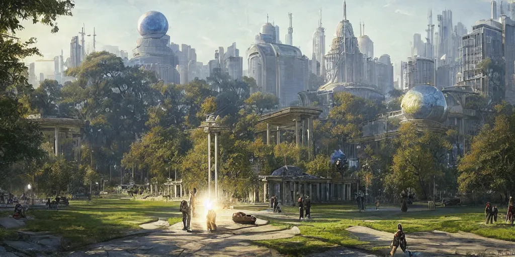 Image similar to a solarpunk city and park with a glorious spherical sci-fi building at its centre, bright and sunny day, Greg Rutkowski and Ivan Shishkin