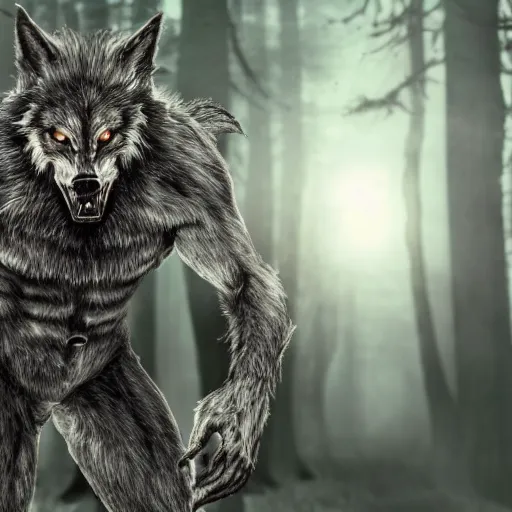 Image similar to photo of a human partially transforming into a werewolf, in the moonlit forest. physiological transformation ; hybrid creature. highly - detailed ; photorealistic.