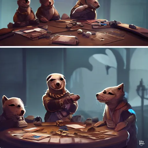 Image similar to a group of seals pups sitting around a table, playing dnd, cinematic lighting, trending on artstation, focused, detailed