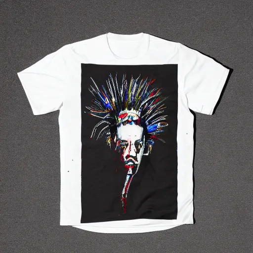 Image similar to t - shirt mockup, 3 d, hyper - realistic, basquiat style print, black boy white hair, rio de janeiro favela