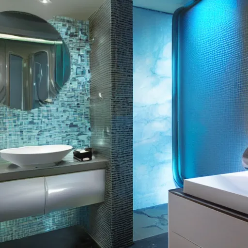 Image similar to Big futuristic blue bathroom inside a spaceship startrek interior style. With a swimming pool.
