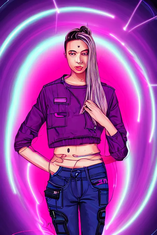 Image similar to a award winning half body portrait of a beautiful woman in a croptop and cargo pants with ombre purple pink teal hairstyle and hands in pockets by ari liloan, surrounded by whirling illuminated lines, outrun, vaporware, shaded flat illustration, digital art, trending on artstation, highly detailed, fine detail, intricate