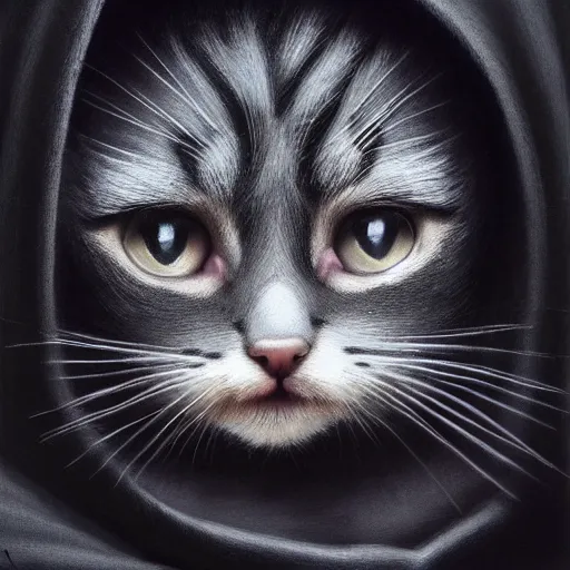 Image similar to a portrait of a kitten wearing a black hood, cloak covering face, anatomically correct, beautiful perfect face, enigmatic, oil painting, matte, black background, Volumetric dynamic lighting, Highly Detailed, Cinematic Lighting, Unreal Engine, 8k, HD, by Beksinski